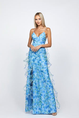 RIESA PLUNGING ORGANZA FRILL GOWN